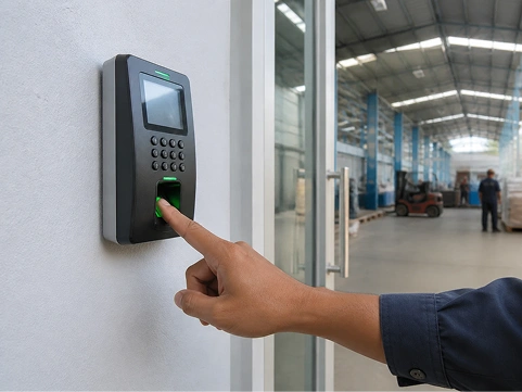 A biometric attendance terminal in use at a warehouse entrance