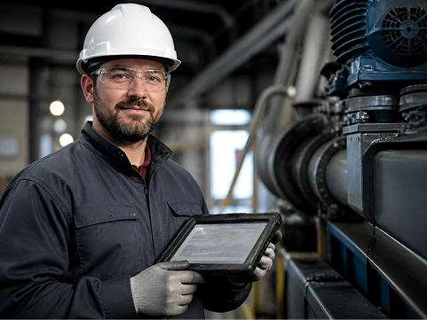 A maintenance technician closing out a work order on a tablet
