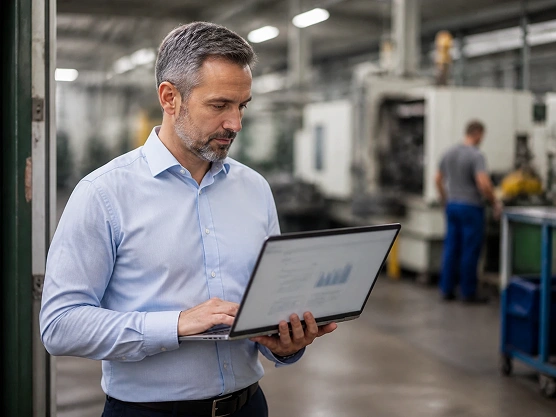 A maintenance manager reviewing downtime analytics on a laptop