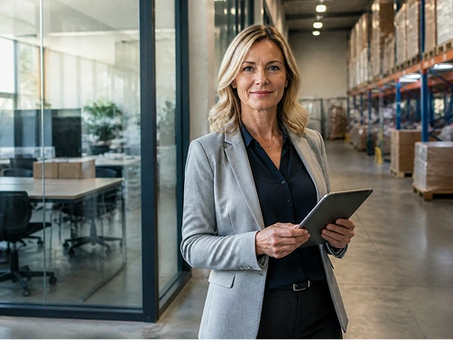 A consultant standing between a modern office and a warehouse floor