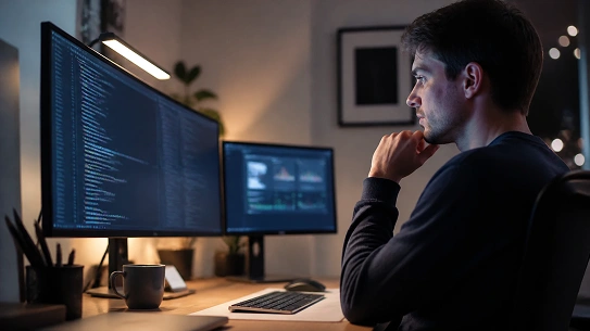An engineer reviewing an agent's work late in the evening, dashboard visible on a second monitor