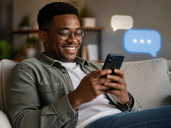A relaxed customer reading a fast reply on their phone