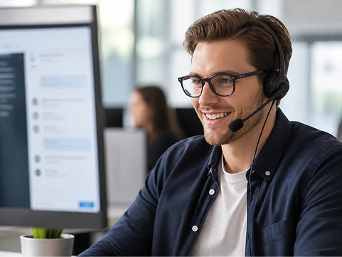 A support agent smiling while replying quickly