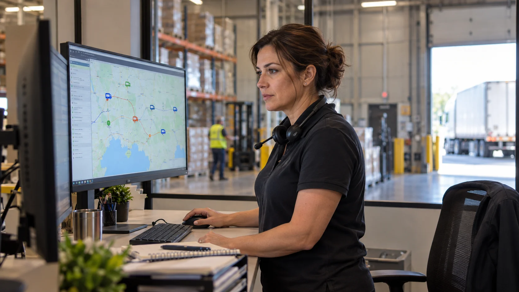 NorthPeak dispatcher using the live fleet dashboard on the warehouse floor