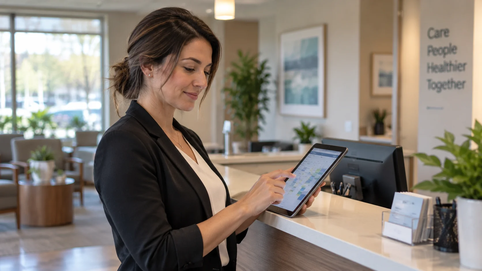 Verra clinic coordinator using the patient portal at the front desk