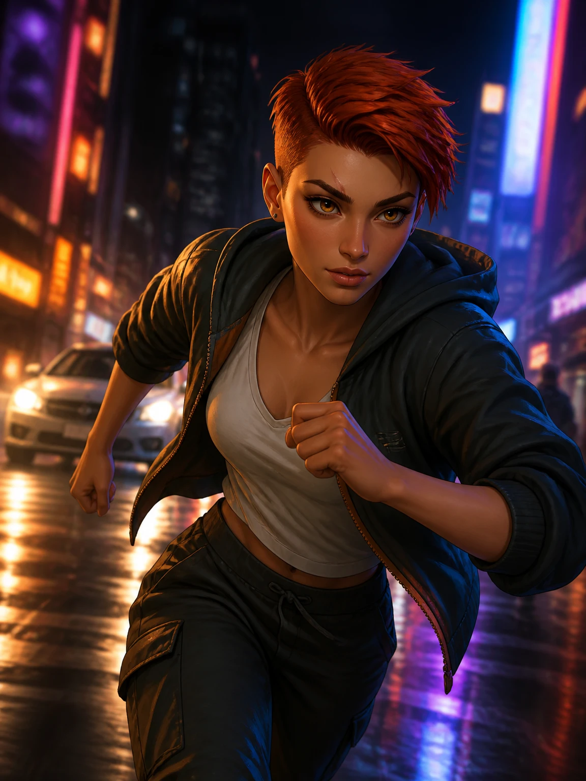 Nova in a neon-lit city street, streetwear