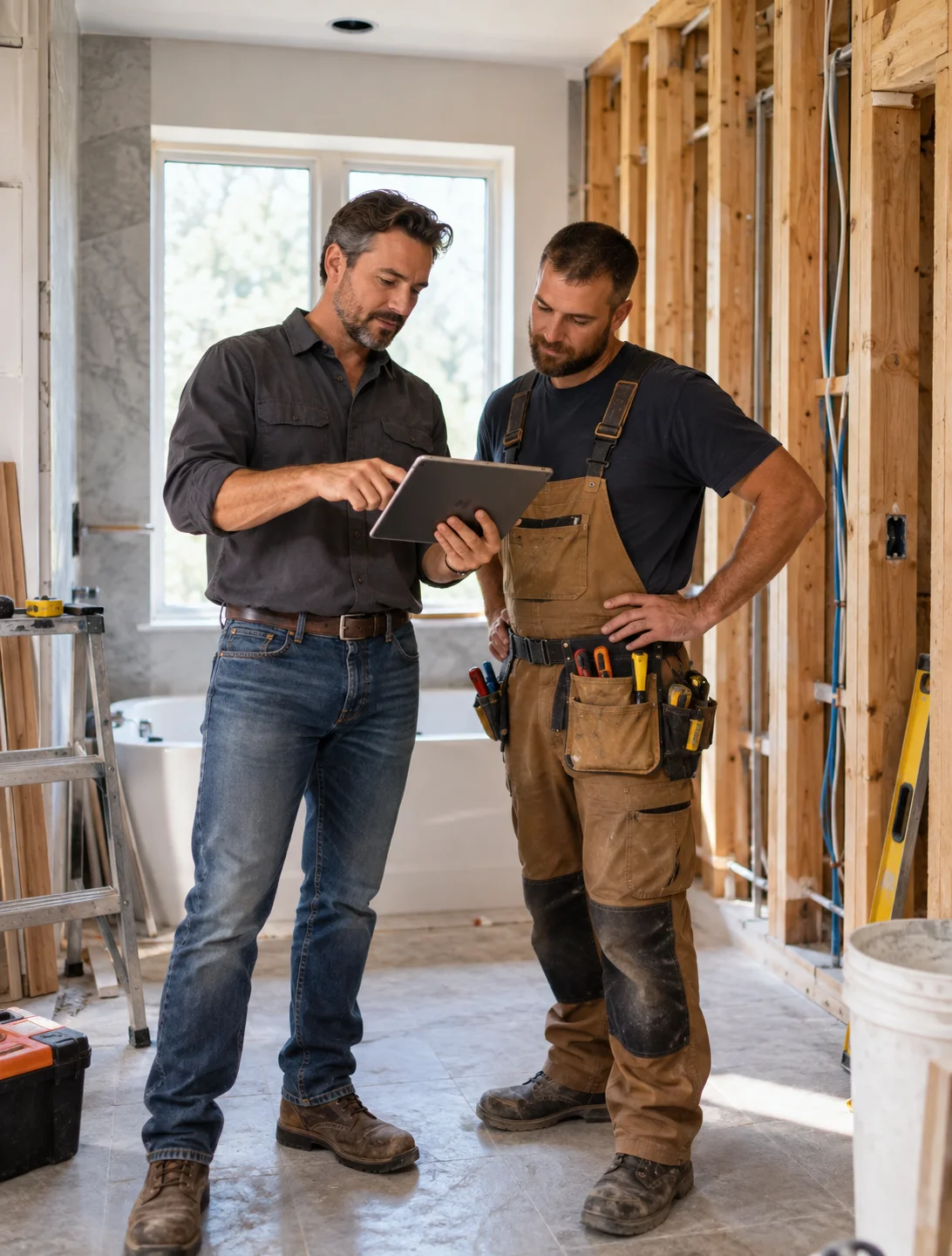 Contractor and electrician reviewing an added bathroom during a renovation