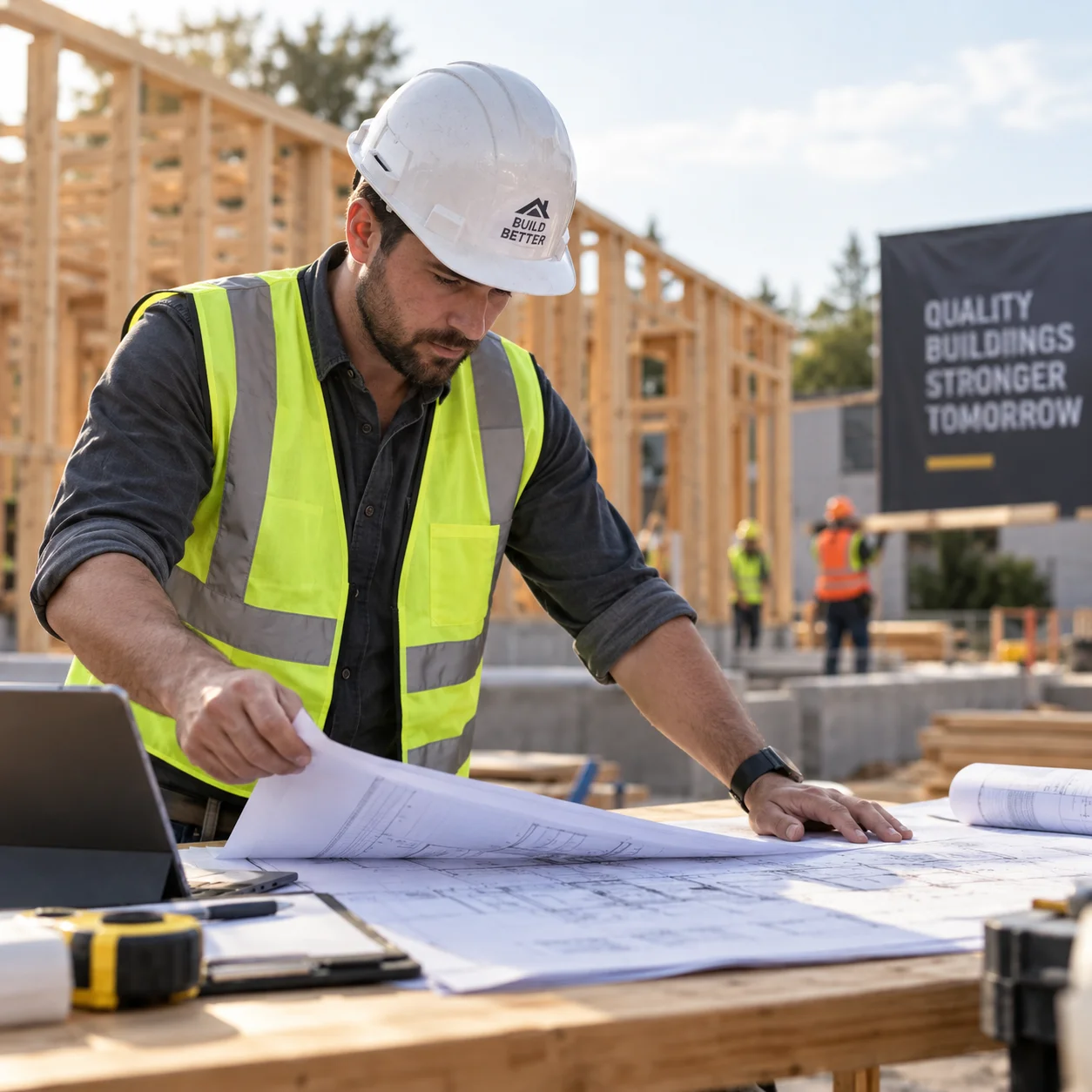 General contractor reviewing blueprints on a job site