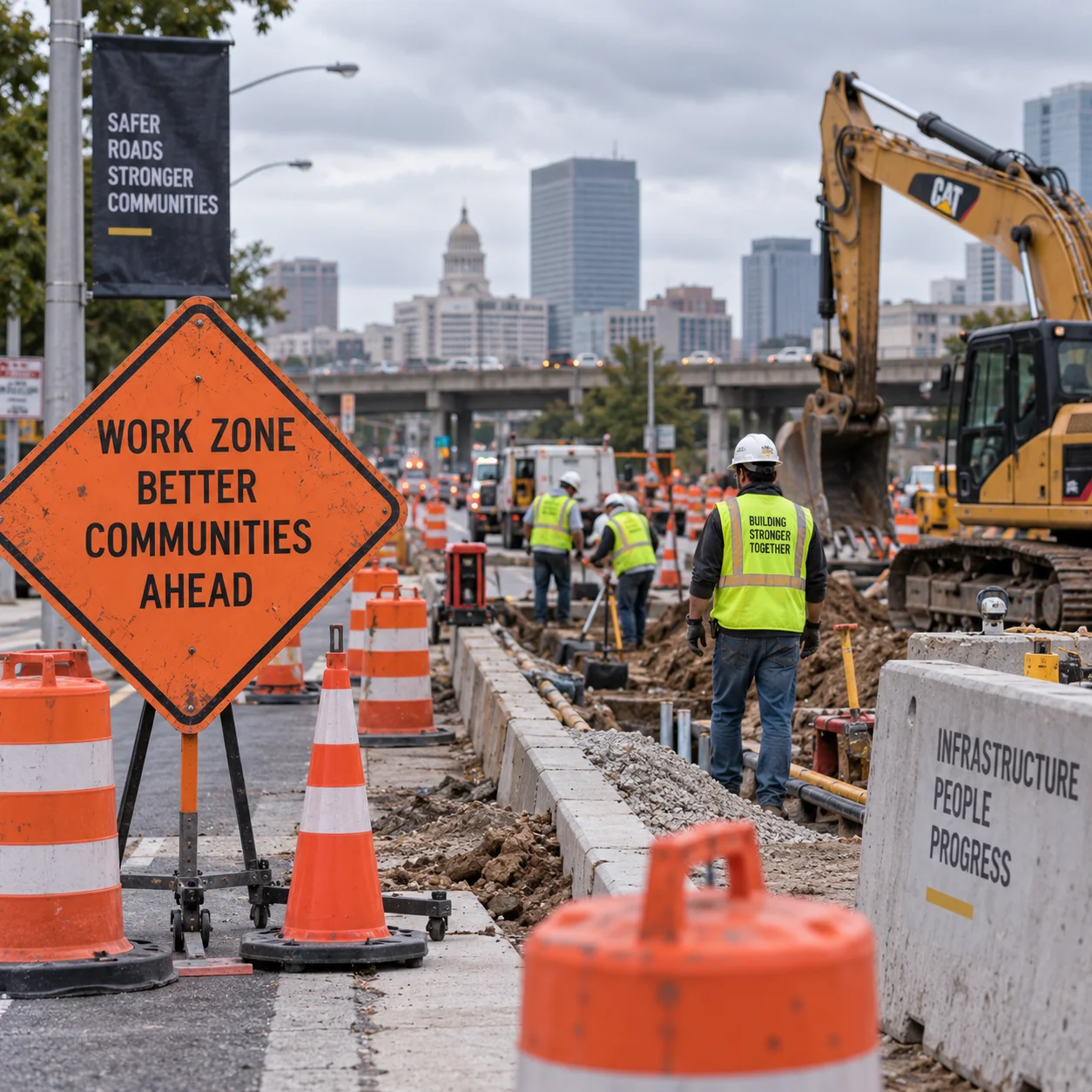 Public works construction project with safety signage