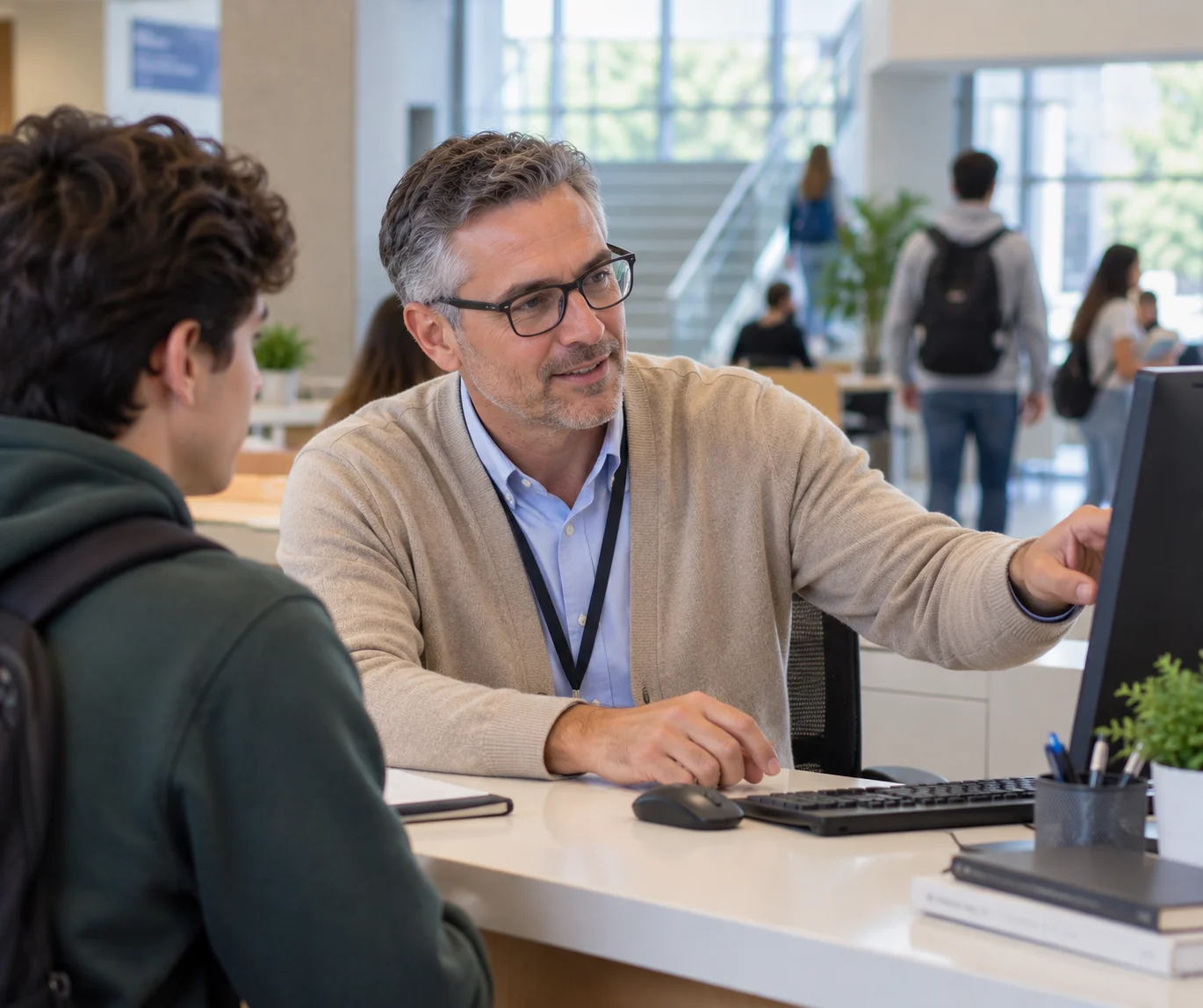 University support desk helping a student with an account issue