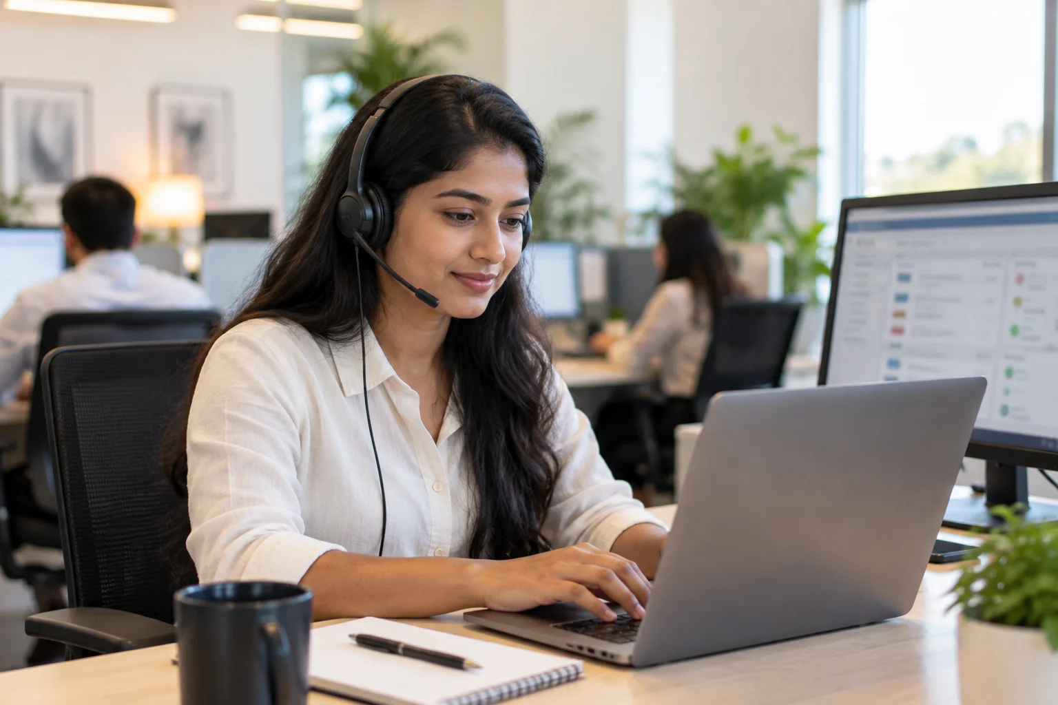 Support agent resolving a customer ticket at a desk