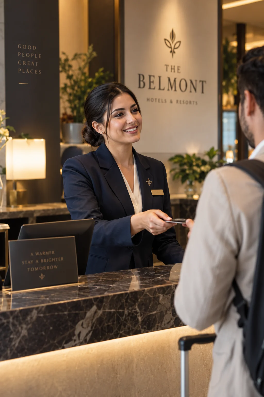 Front desk agent checking in a guest at a hotel reception counter