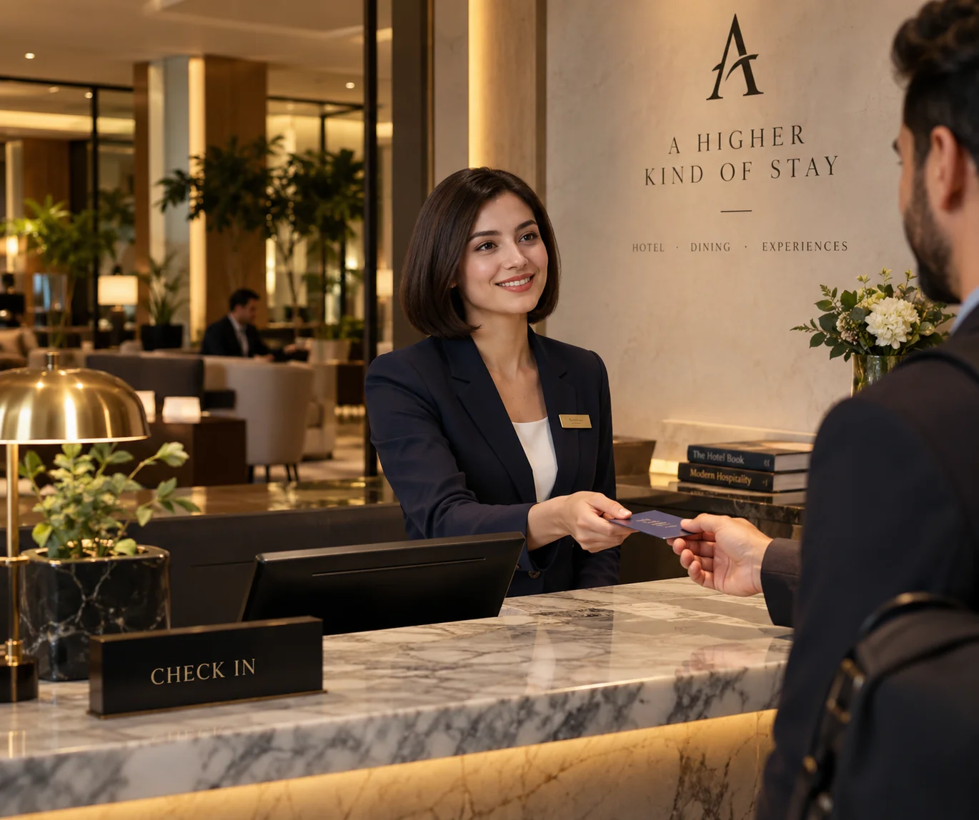 Boutique hotel lobby with modern decor and warm lighting