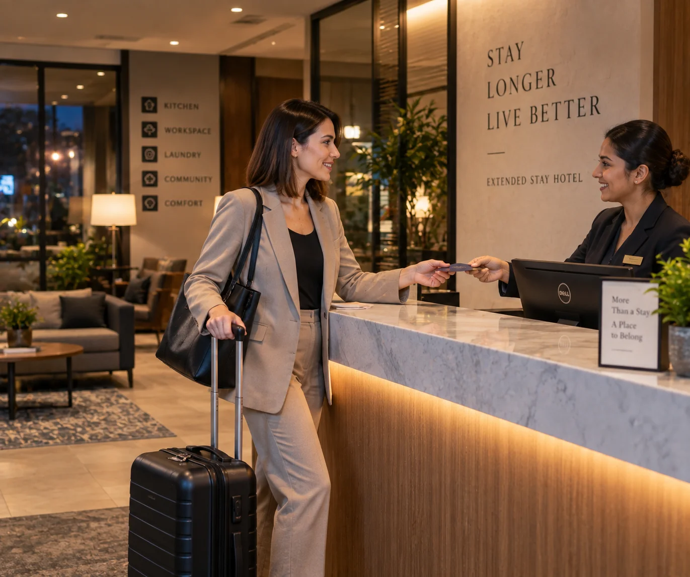 Business traveler checking in at an extended-stay hotel front desk