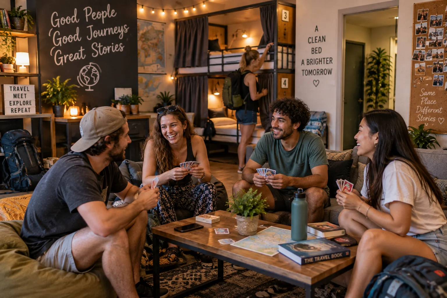 Hostel common room with bunk beds and travelers chatting