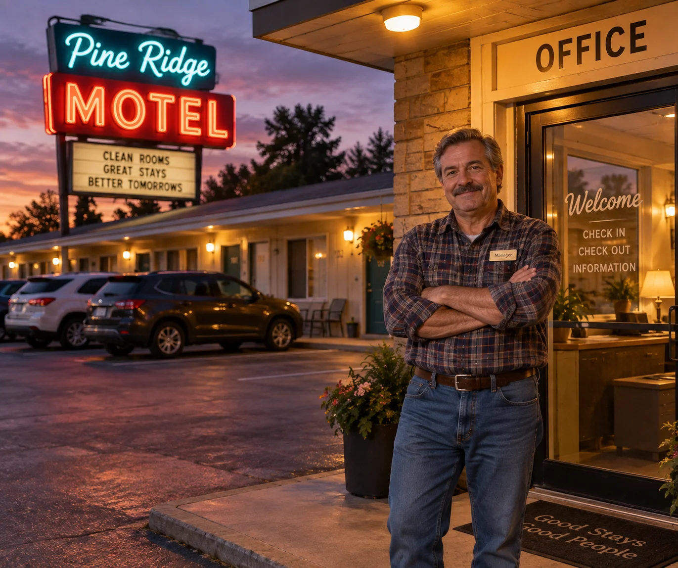 Roadside motel exterior with parking in front of rooms