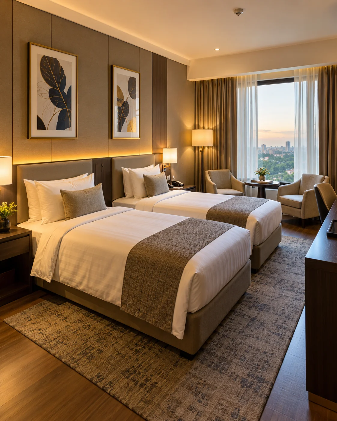 Cozy, well-appointed Deluxe Twin hotel room made up for guests