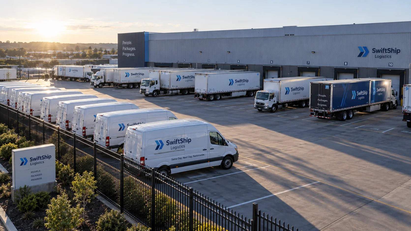Fleet of delivery trucks and vans parked in a logistics company yard