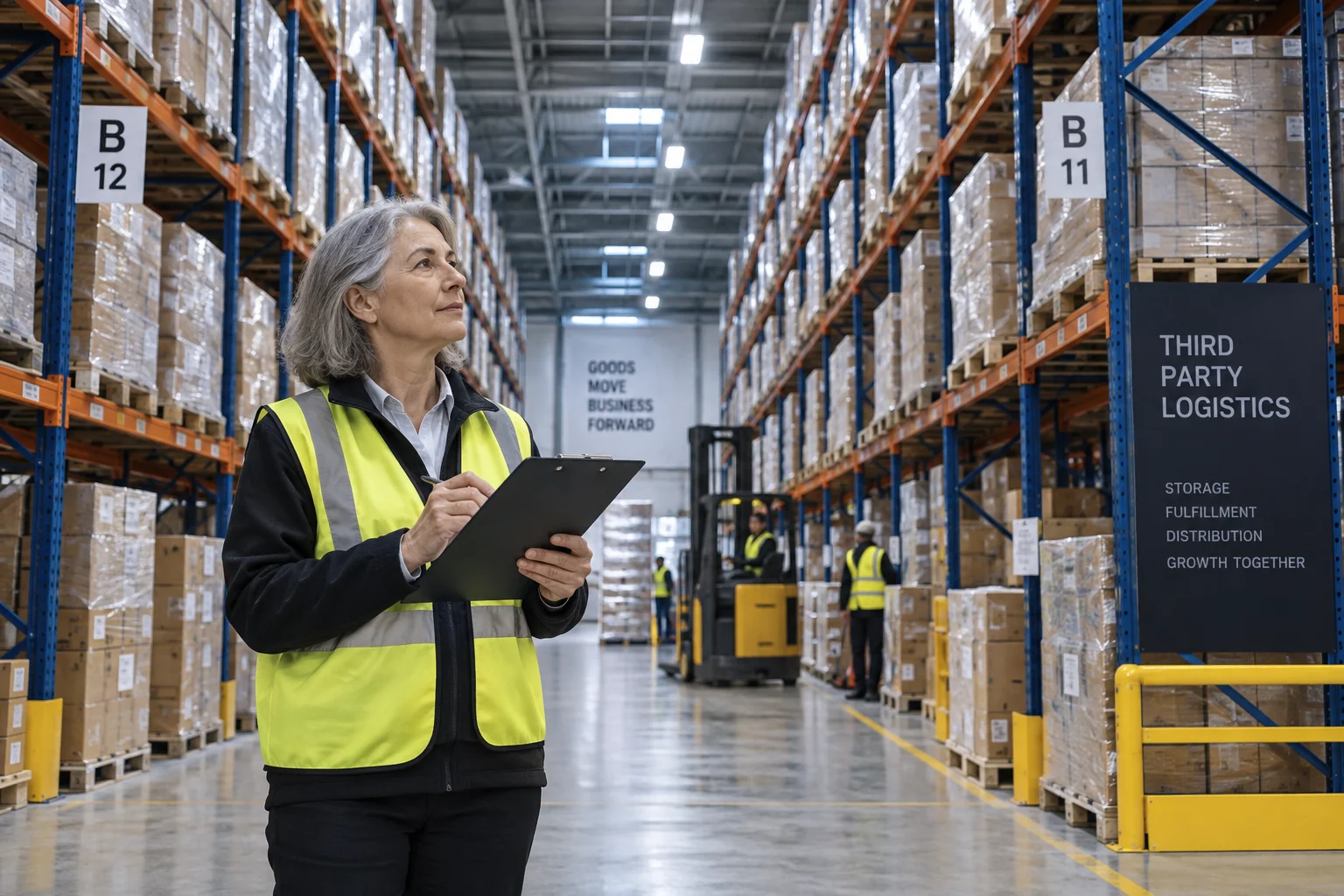 Warehouse supervisor coordinating pallet storage in a 3PL facility