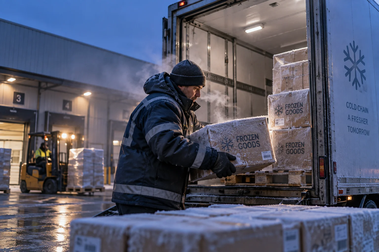Worker loading refrigerated cargo into a cold chain delivery truck