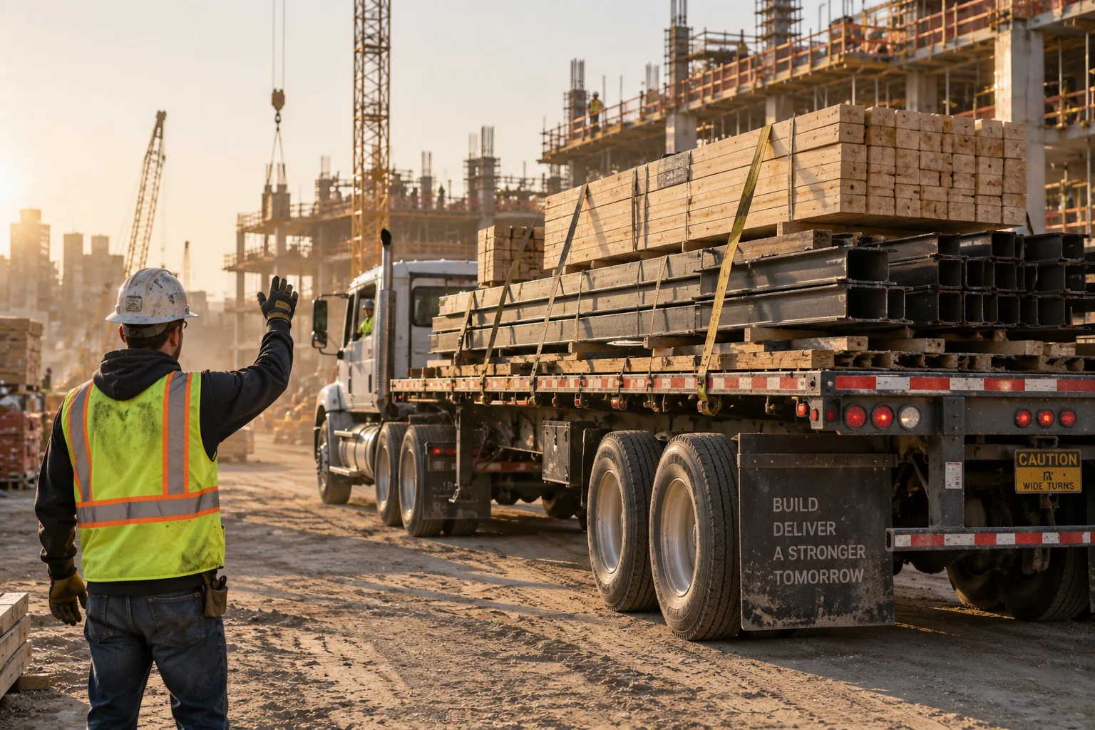 Flatbed truck delivering construction materials to a job site