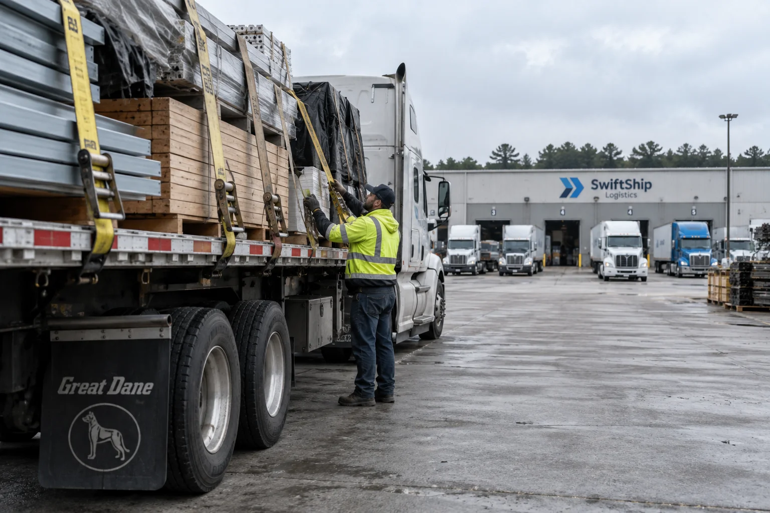Freight trucking company yard with a driver inspecting a loaded trailer