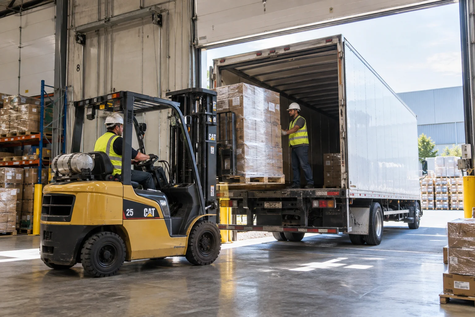 Manufacturing plant staff loading pallets onto a delivery truck