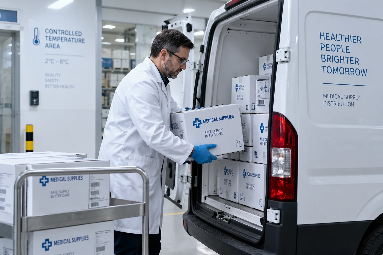 Technician loading sealed medical supply boxes into a delivery van