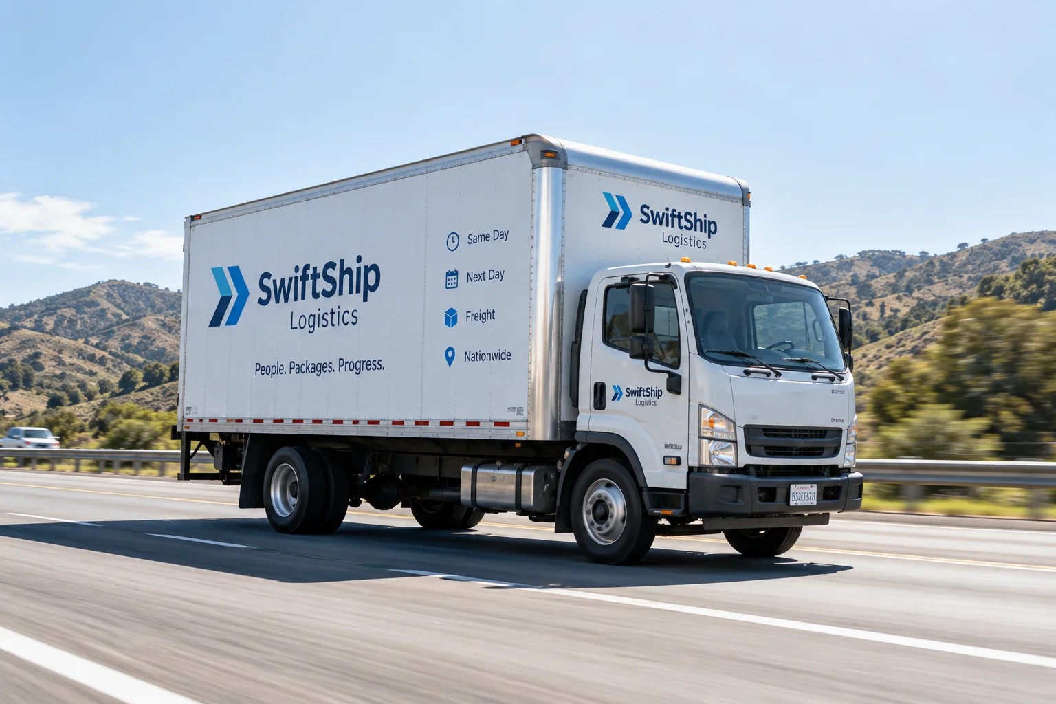 Delivery truck in transit on a highway during a shipment run