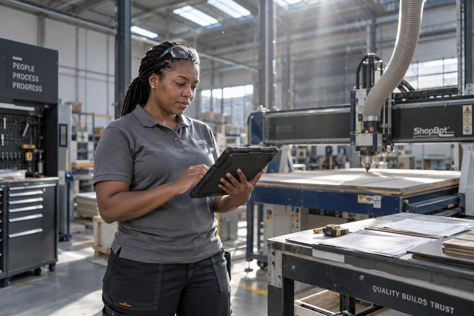 Production floor supervisor reviewing a work order on a tablet near active machines