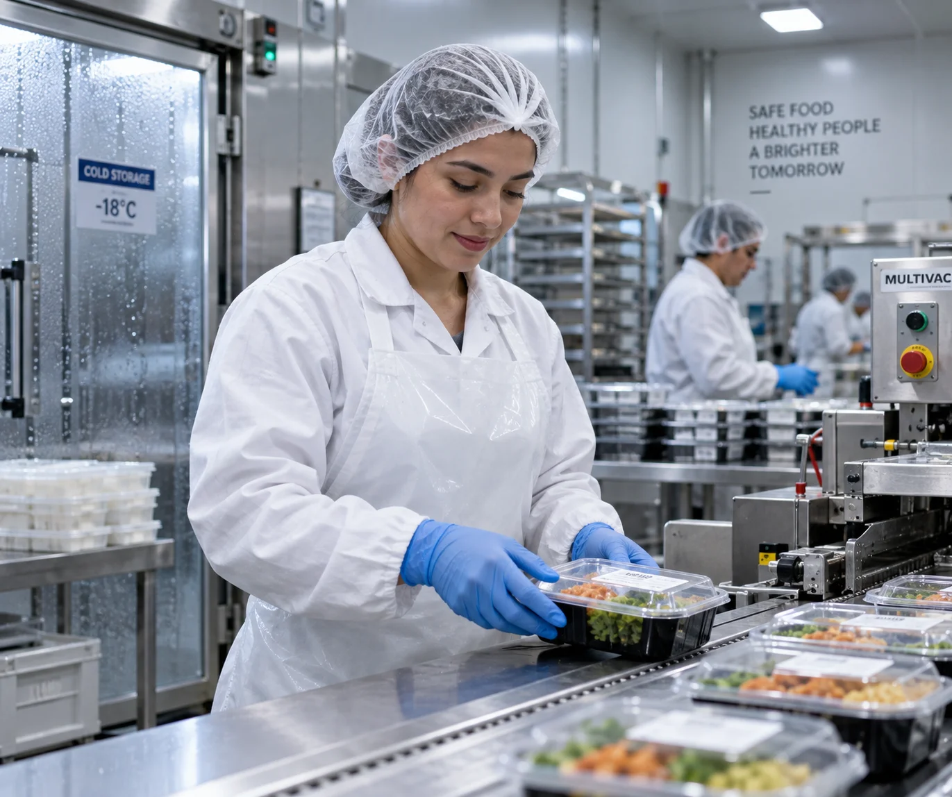 Food production worker packaging finished goods on a processing line
