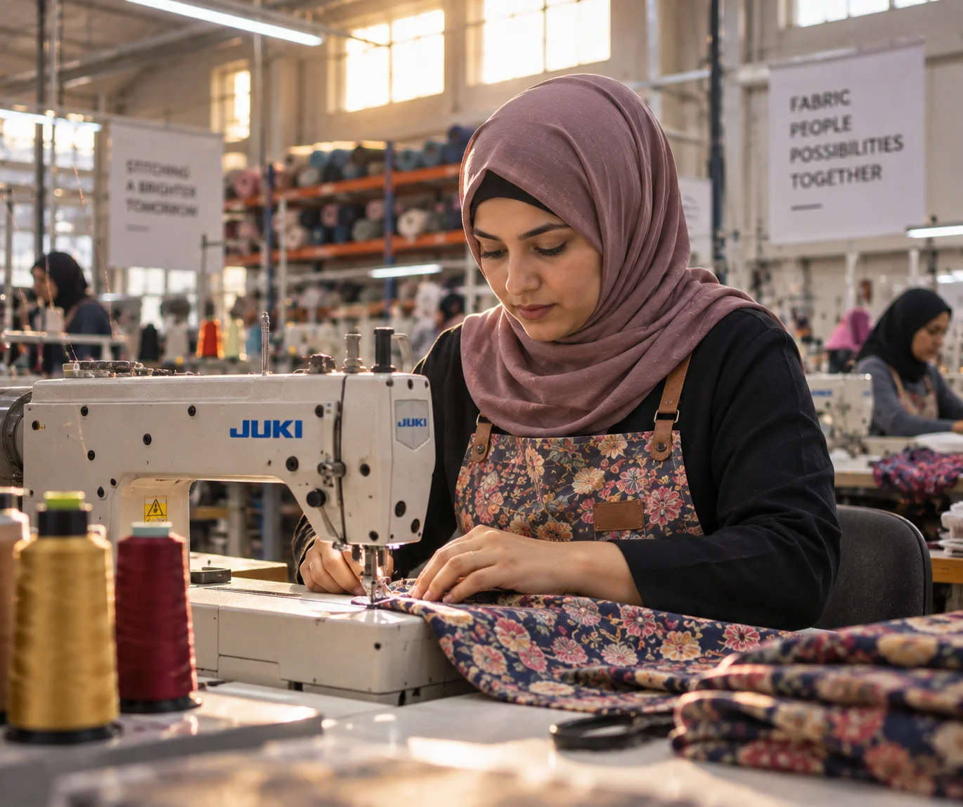 Seamstress operating an industrial sewing machine in a textile factory
