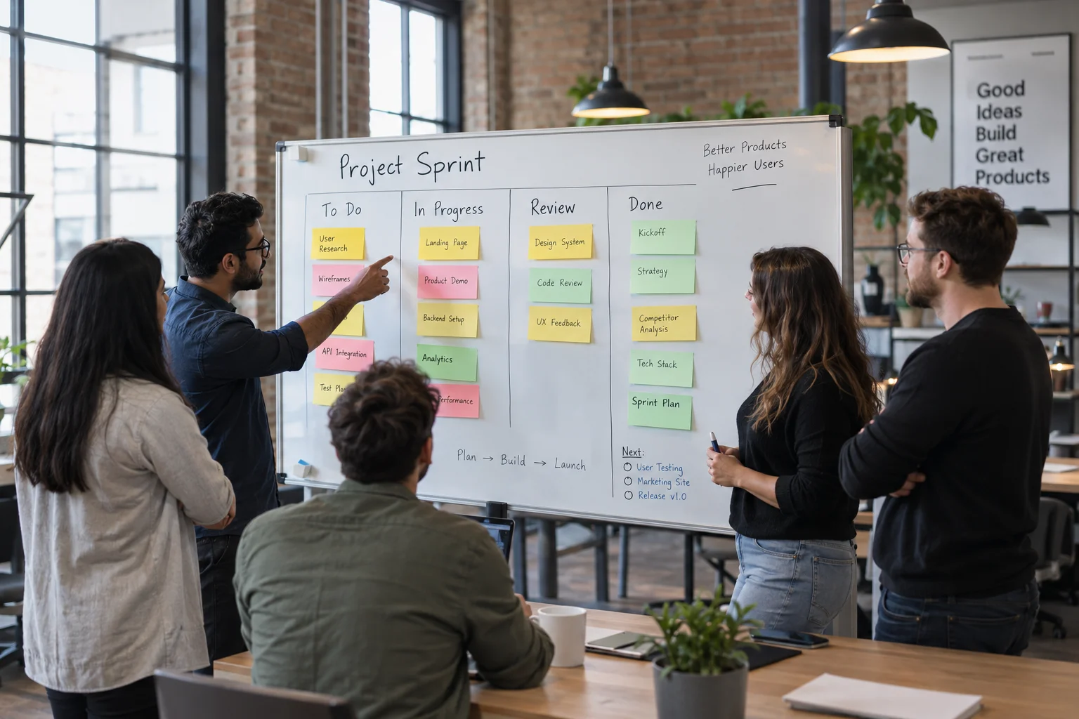 Project team gathered around a Kanban board planning a new sprint