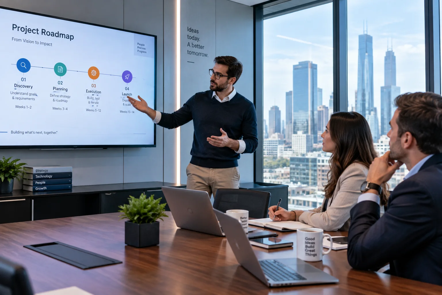 Consultant presenting a project roadmap to a client in a meeting room