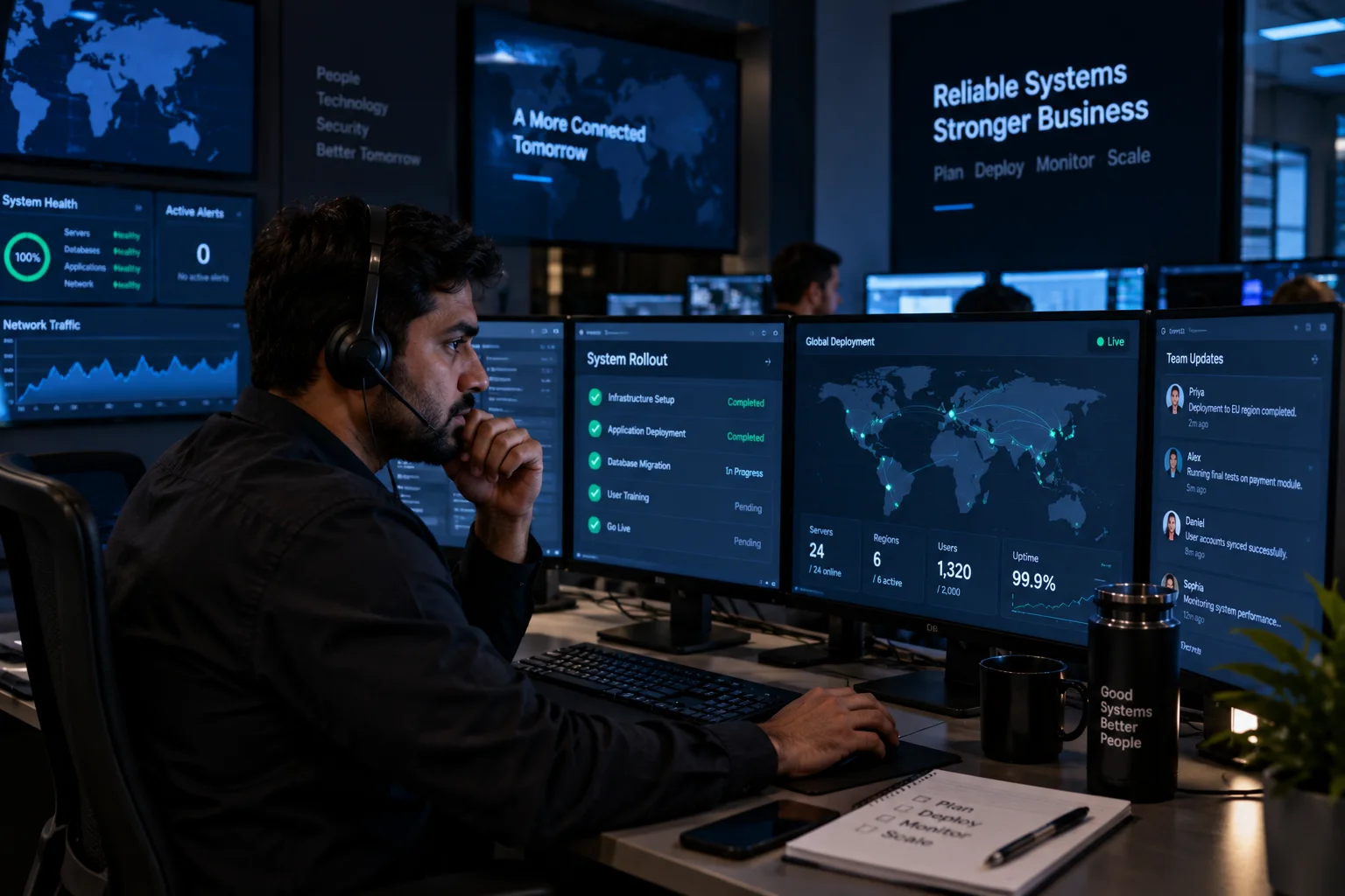 IT services technician coordinating a rollout from a monitoring desk