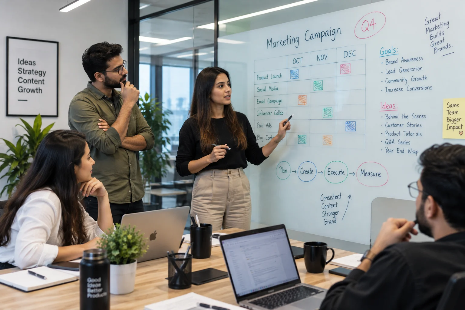 Marketing team planning a campaign calendar on a whiteboard