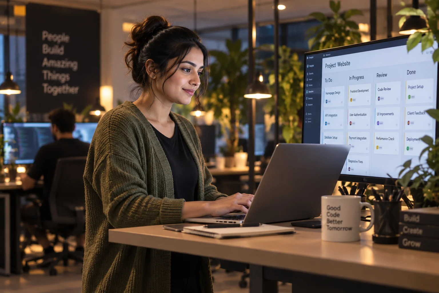 Team member updating a task card on a laptop during a project stand-up