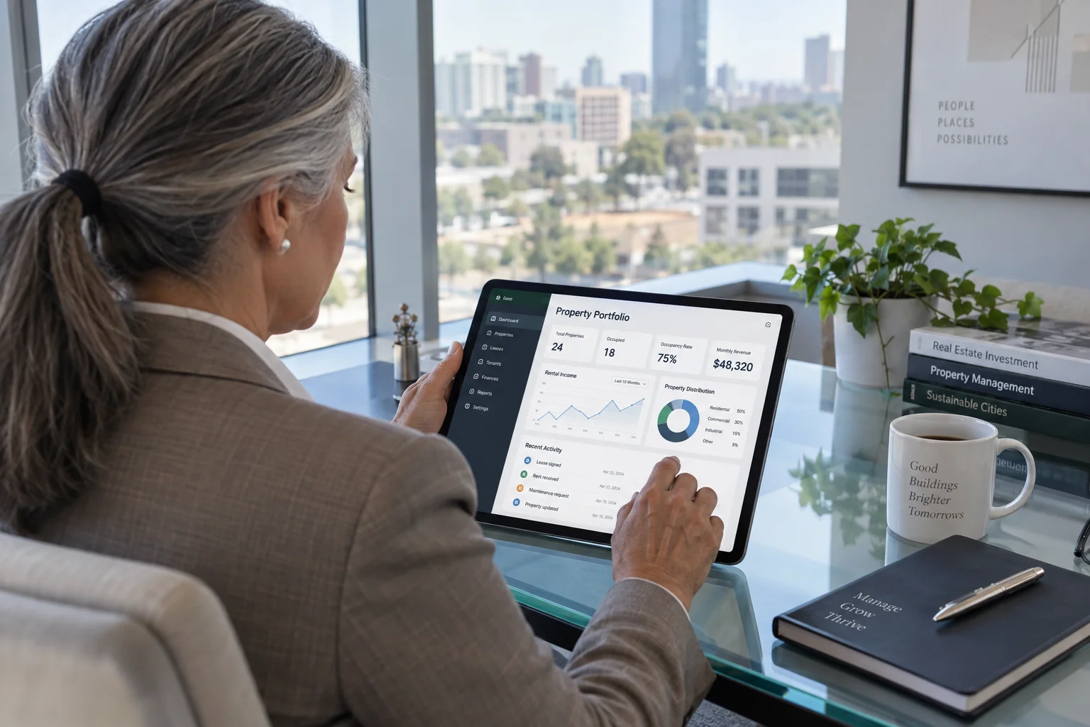 Property manager reviewing a portfolio dashboard on a tablet in an office