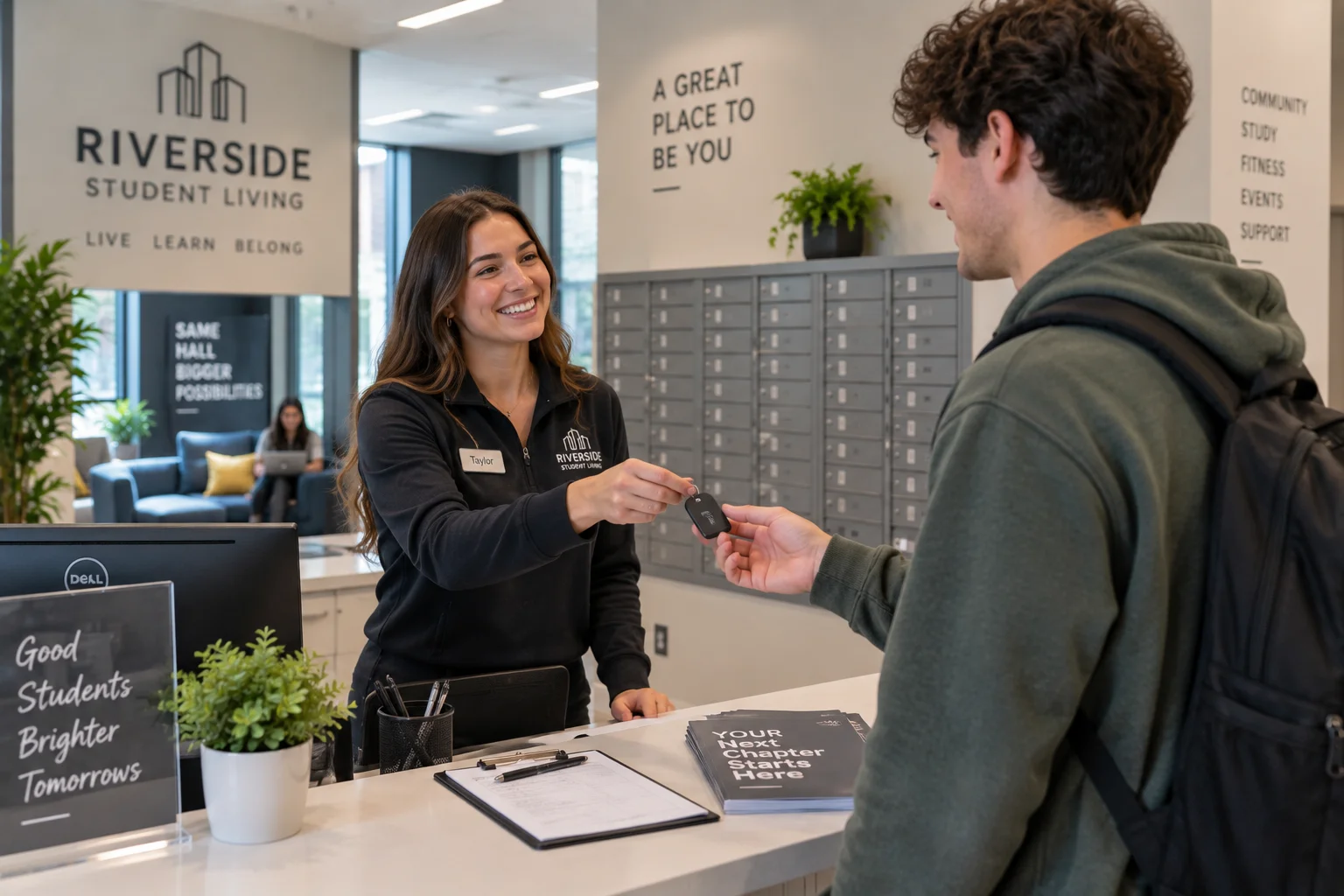 Student housing coordinator checking in a student at a dormitory front desk