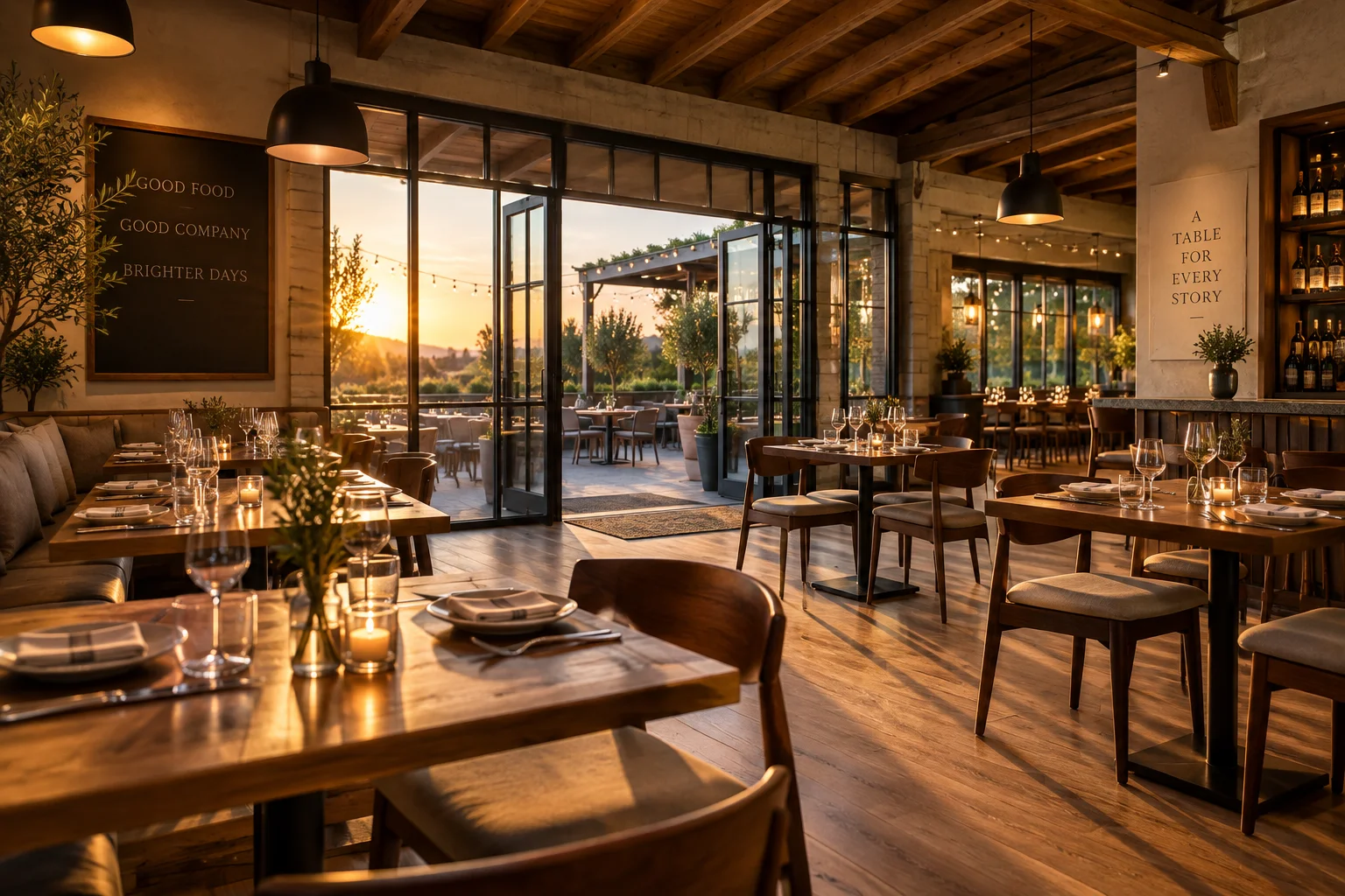 Restaurant dining room with tables set for service, patio visible through windows