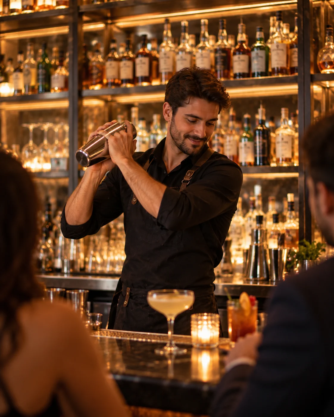 Bartender mixing a cocktail behind a lively gastropub bar
