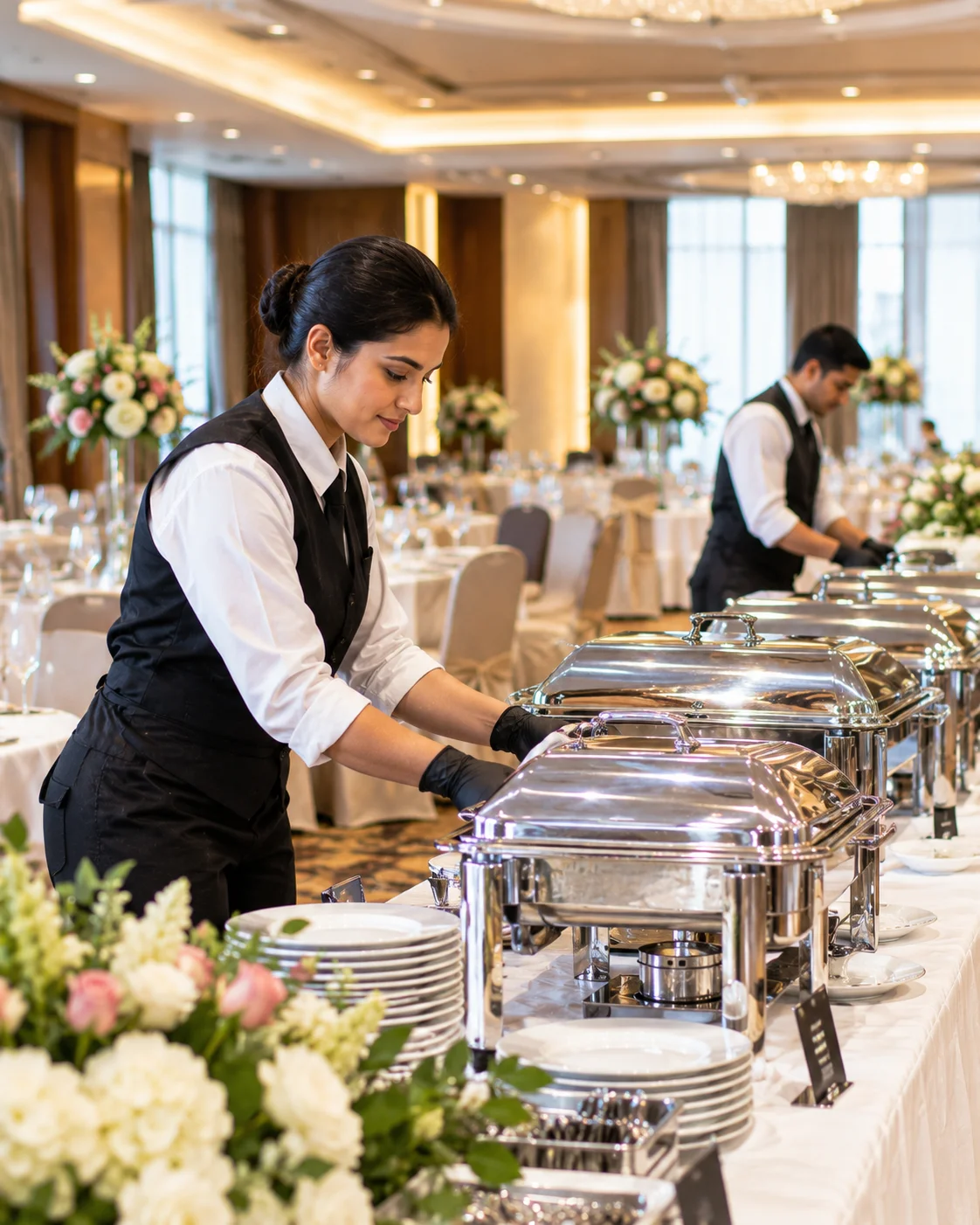 Catering staff setting up a buffet line for a banquet event