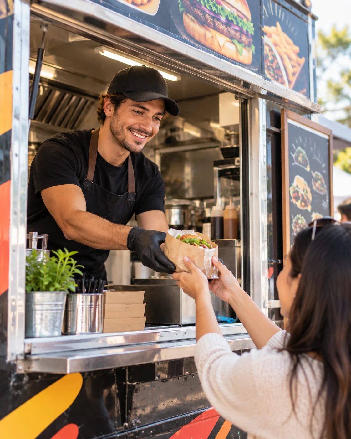 Food truck operator serving a customer through a service window