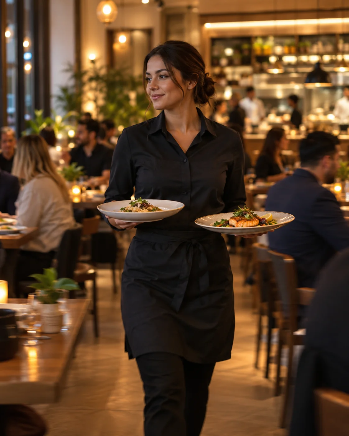 Server carrying plated dishes through a full-service restaurant dining room