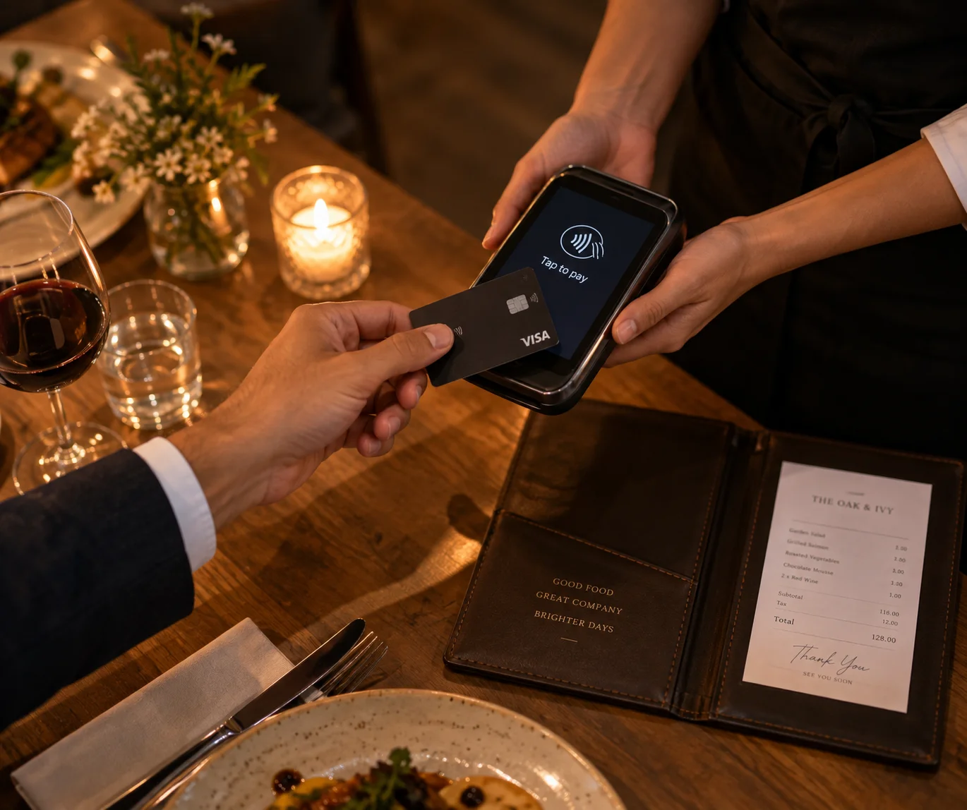 Guest paying the bill with a card reader at a restaurant table