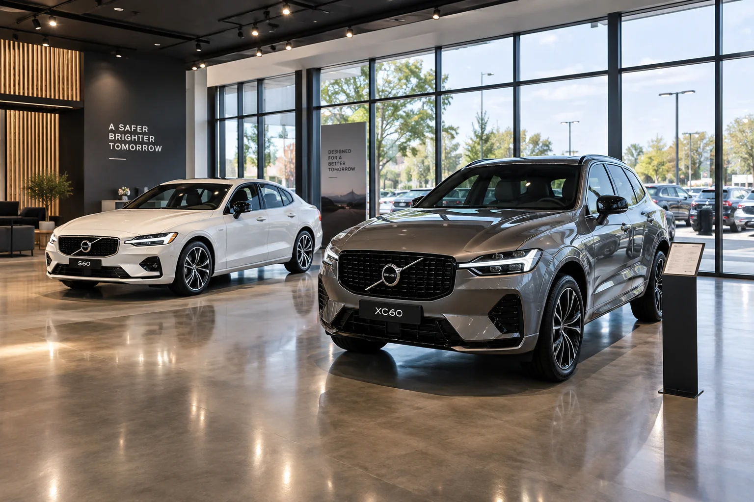 Dealership showroom floor with new vehicles on display under bright lighting
