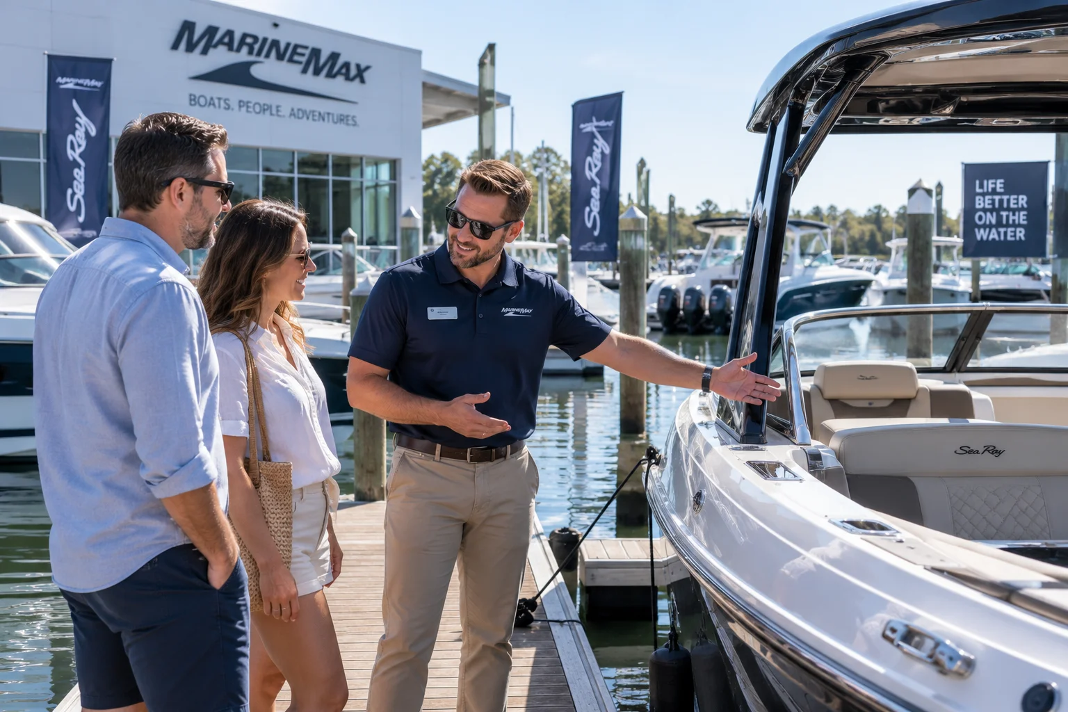 Boat dealership staff member showing a docked boat to a prospective buyer