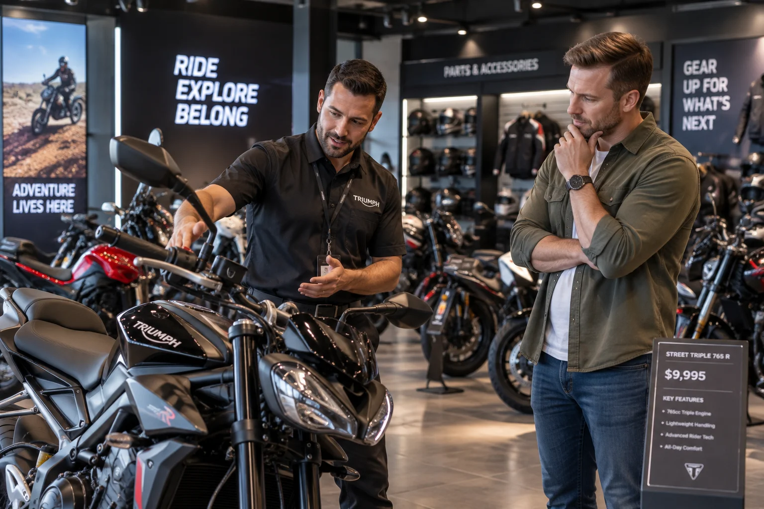 Motorcycle dealer showing a customer a new bike in a powersports showroom