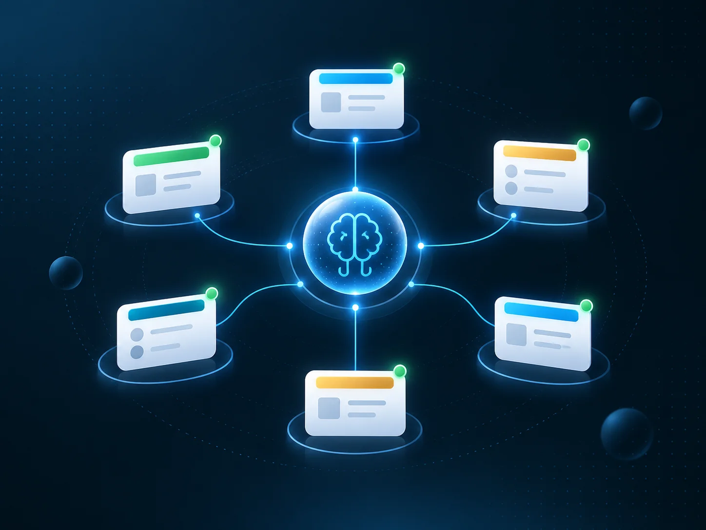 Abstract illustration of one central AI engine connected to multiple Klugora module panels — CRM, Helpdesk, Logistics and more — each showing a small AI activity indicator