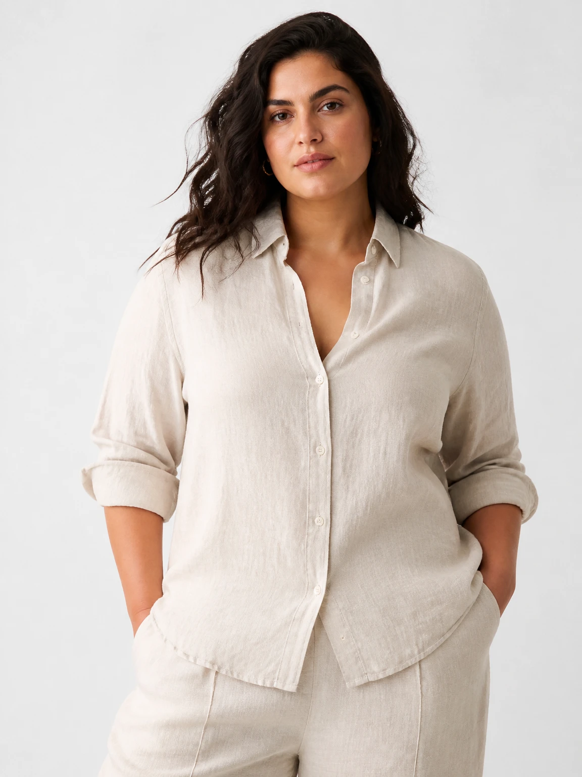 Sofia wearing the linen shirt, on-model shot